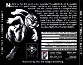 Box back cover for Quik the Thunder Rabbit on the Commodore Amiga CD32.
