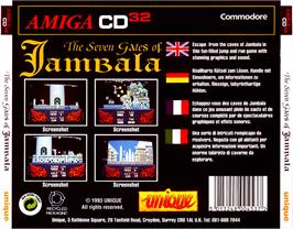 Box back cover for Seven Gates of Jambala on the Commodore Amiga CD32.