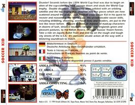 Box back cover for Soccer Kid on the Commodore Amiga CD32.