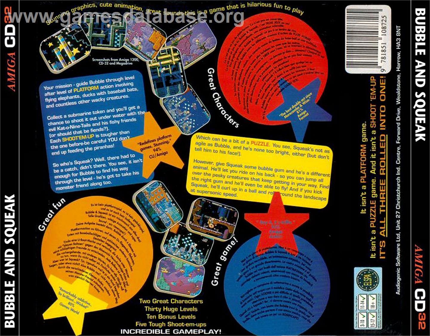 Bubble and Squeak - Commodore Amiga CD32 - Artwork - Box Back