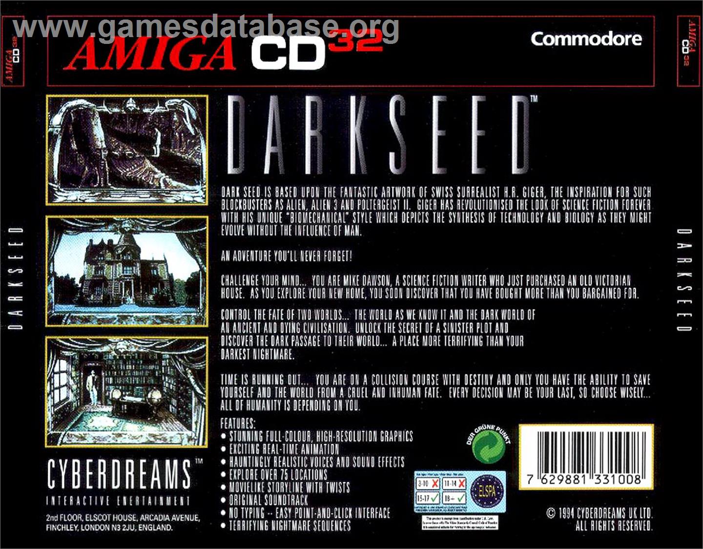 Dark Seed - Commodore Amiga CD32 - Artwork - Box Back