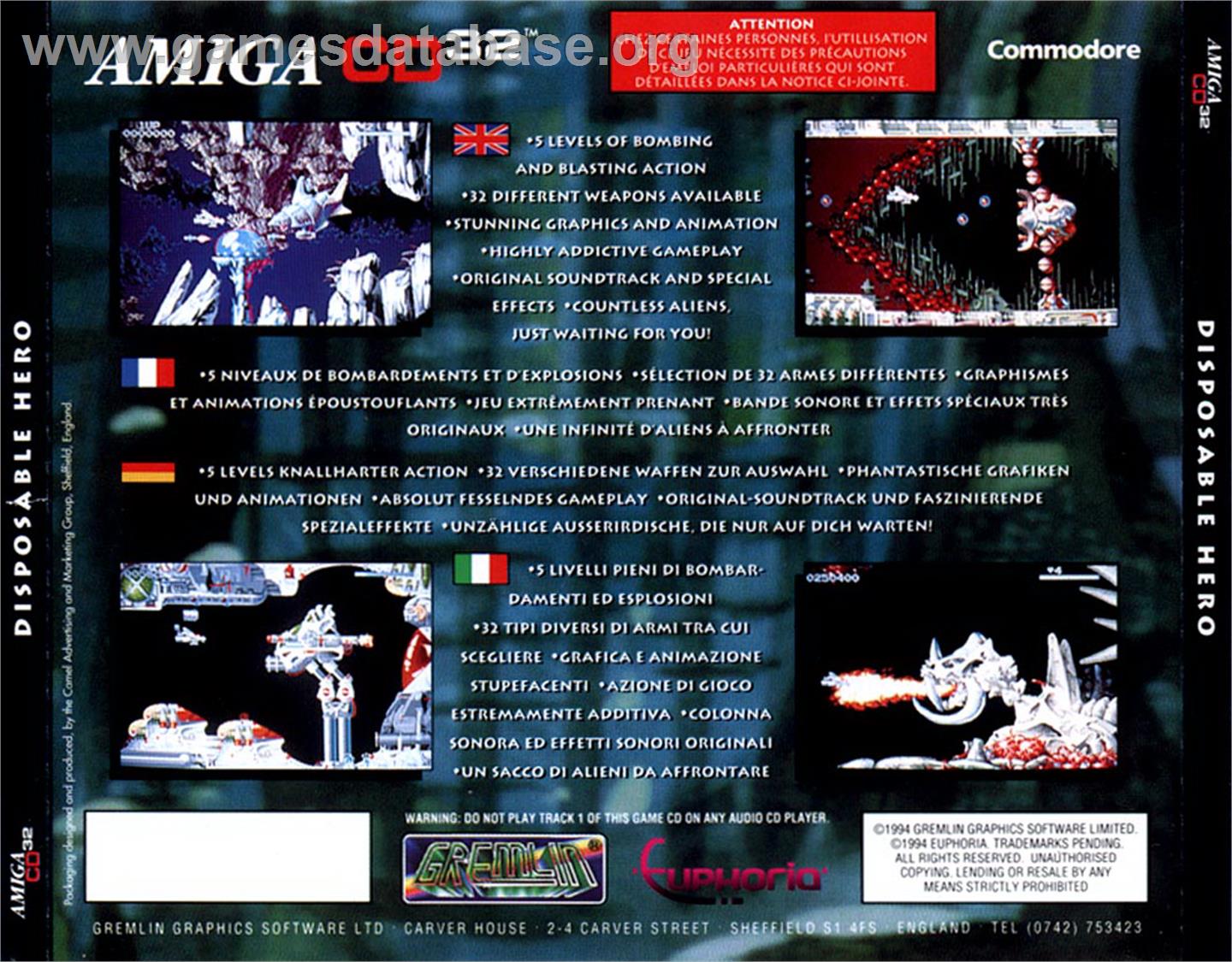 Disposable Hero - Commodore Amiga CD32 - Artwork - Box Back