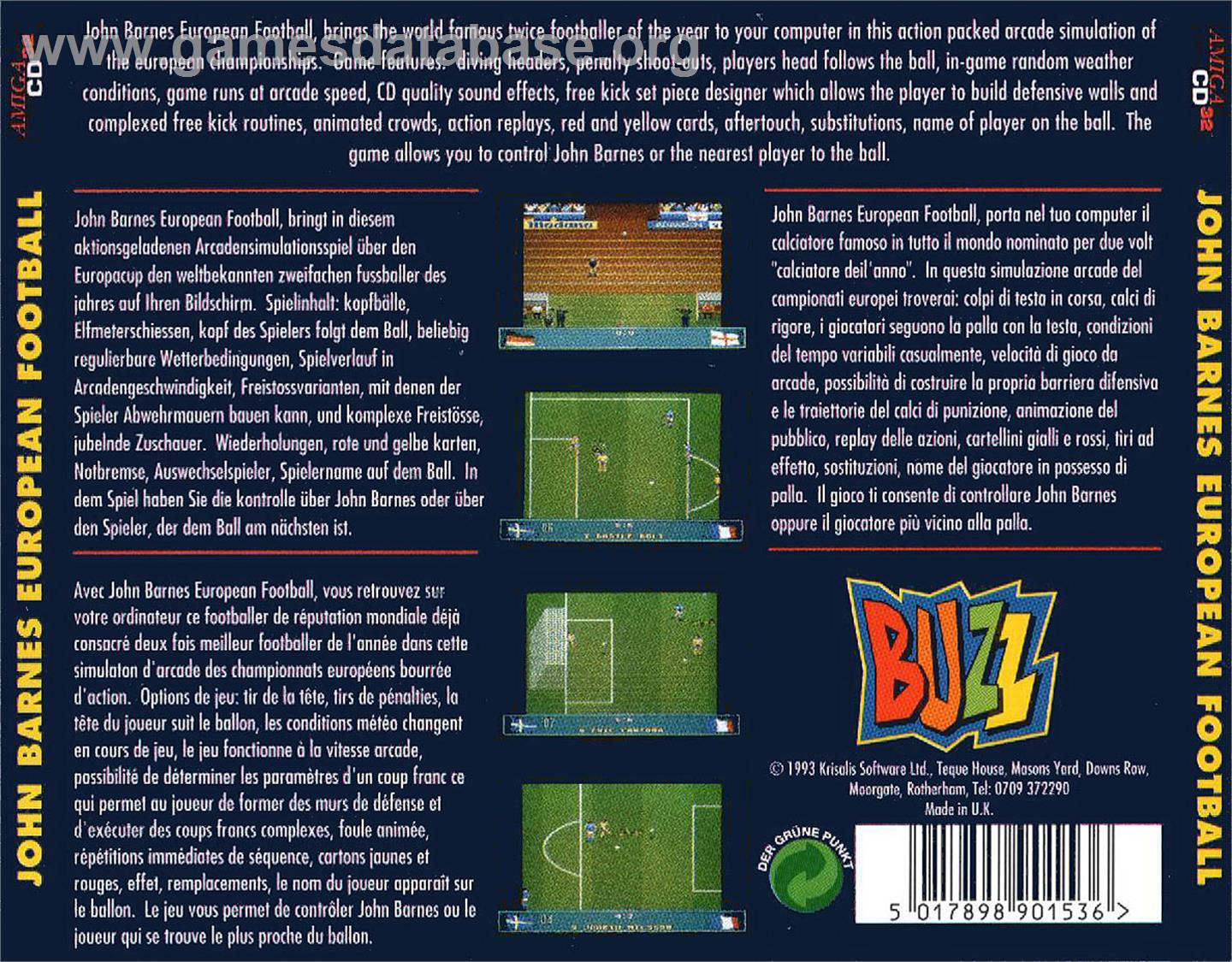 John Barnes' European Football - Commodore Amiga CD32 - Artwork - Box Back
