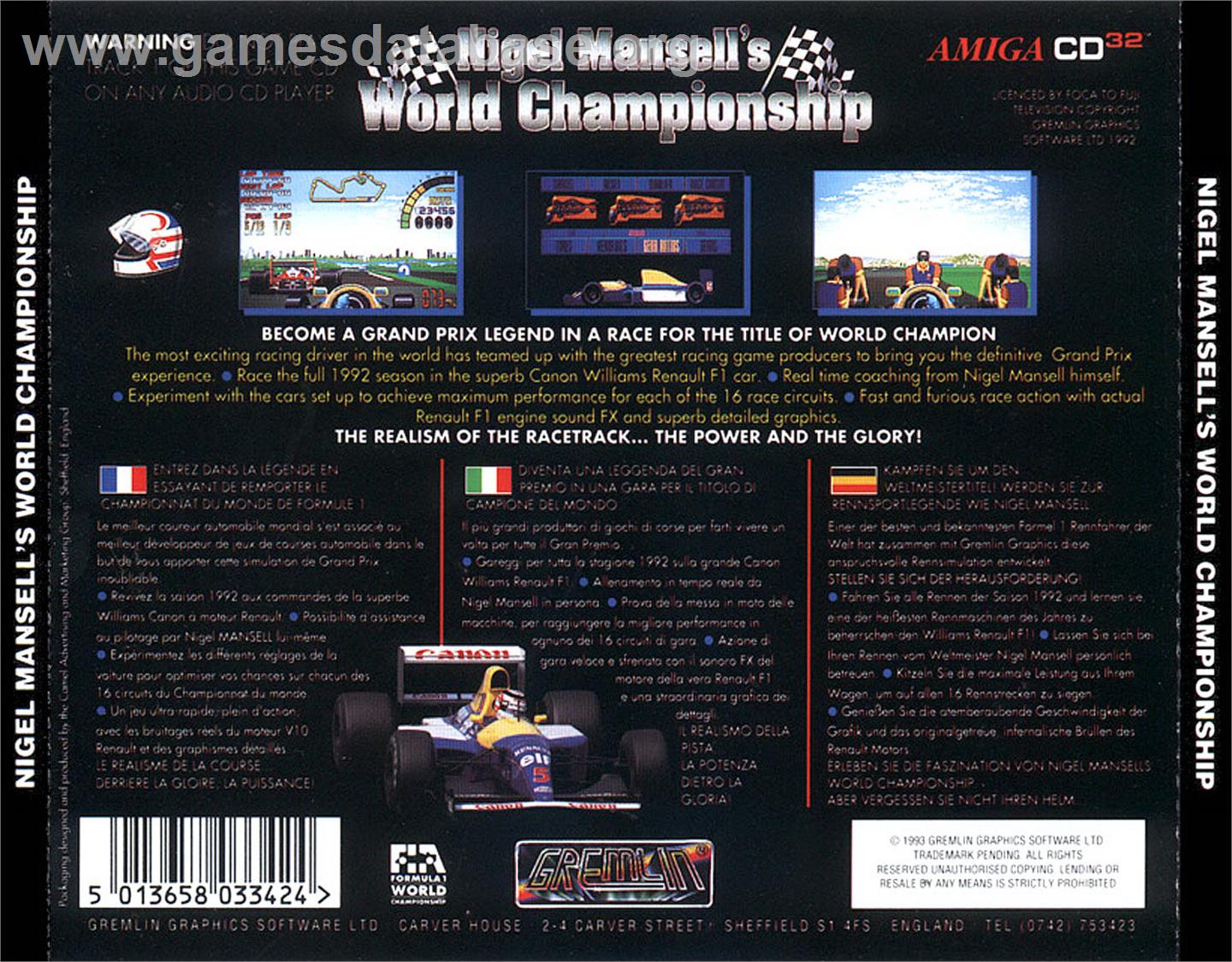 Nigel Mansell's World Championship - Commodore Amiga CD32 - Artwork - Box Back