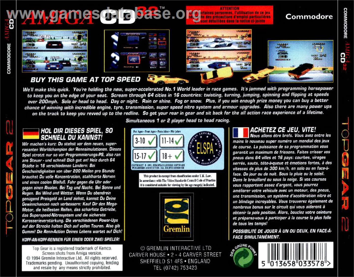 Top Gear 2 - Commodore Amiga CD32 - Artwork - Box Back
