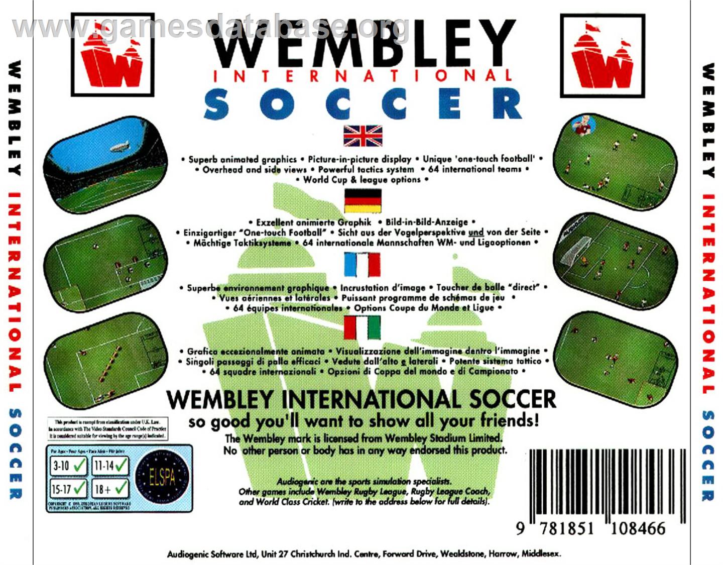 Wembley International Soccer - Commodore Amiga CD32 - Artwork - Box Back