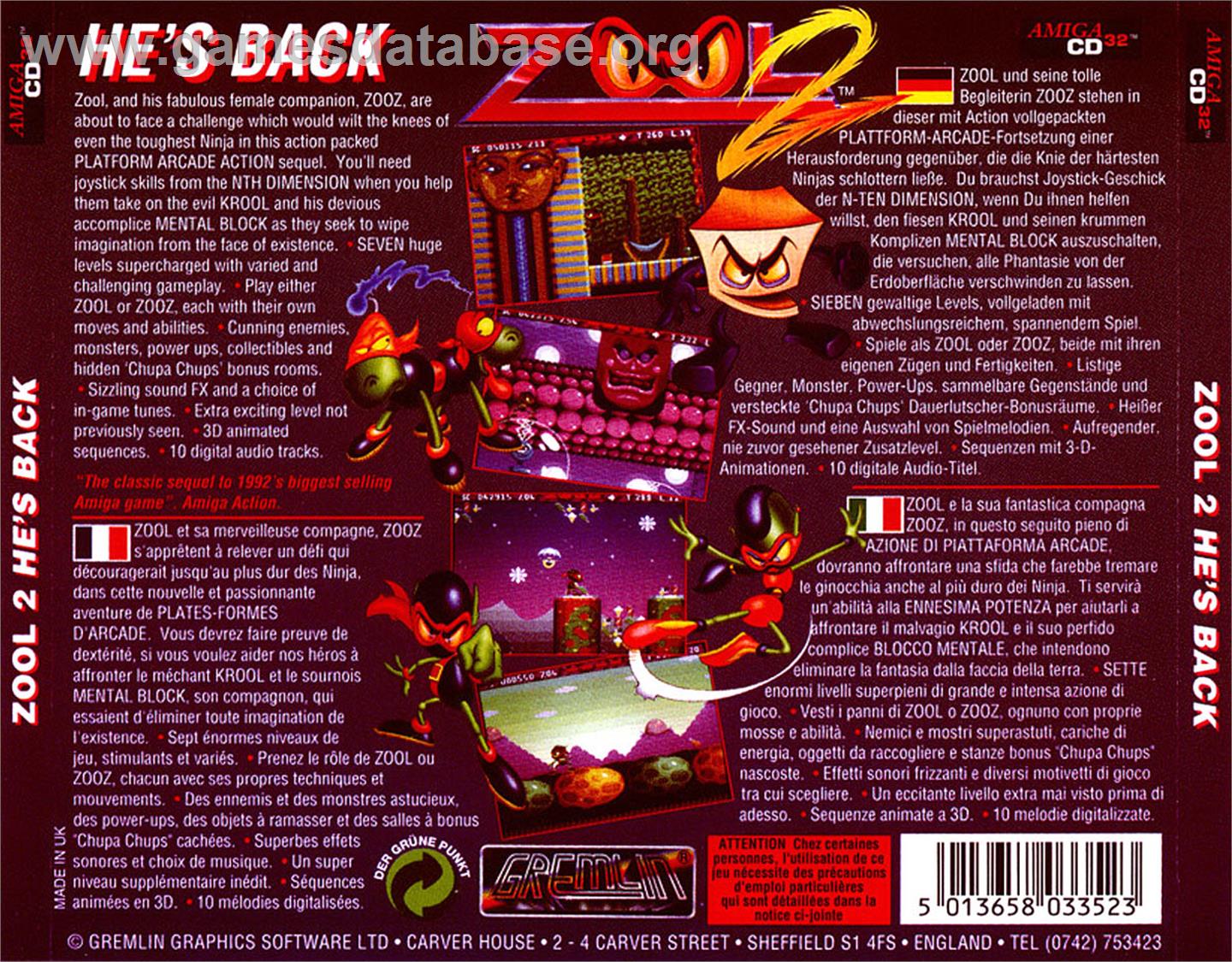 Zool 2 - Commodore Amiga CD32 - Artwork - Box Back