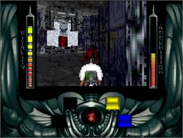 In game image of Alien Breed 3D on the Commodore Amiga CD32.
