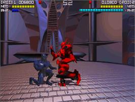 In game image of Rise of the Robots on the Commodore Amiga CD32.