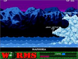 In game image of Worms on the Commodore Amiga CD32.