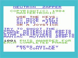 Title screen of Neutron Zapper on the Commodore VIC-20.
