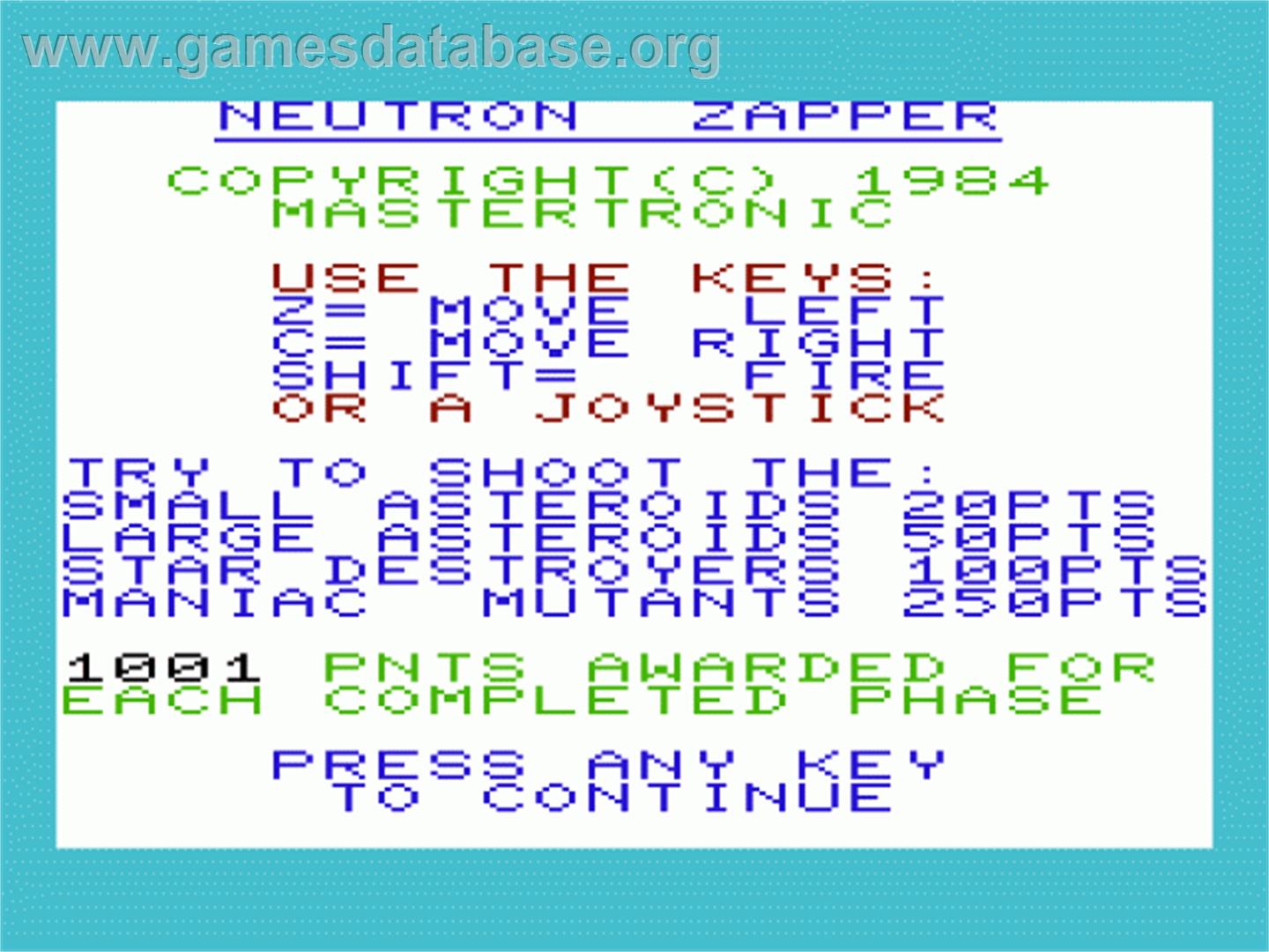Neutron Zapper - Commodore VIC-20 - Artwork - Title Screen