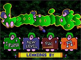Title screen of Lemmings on the MGT Sam Coupe.
