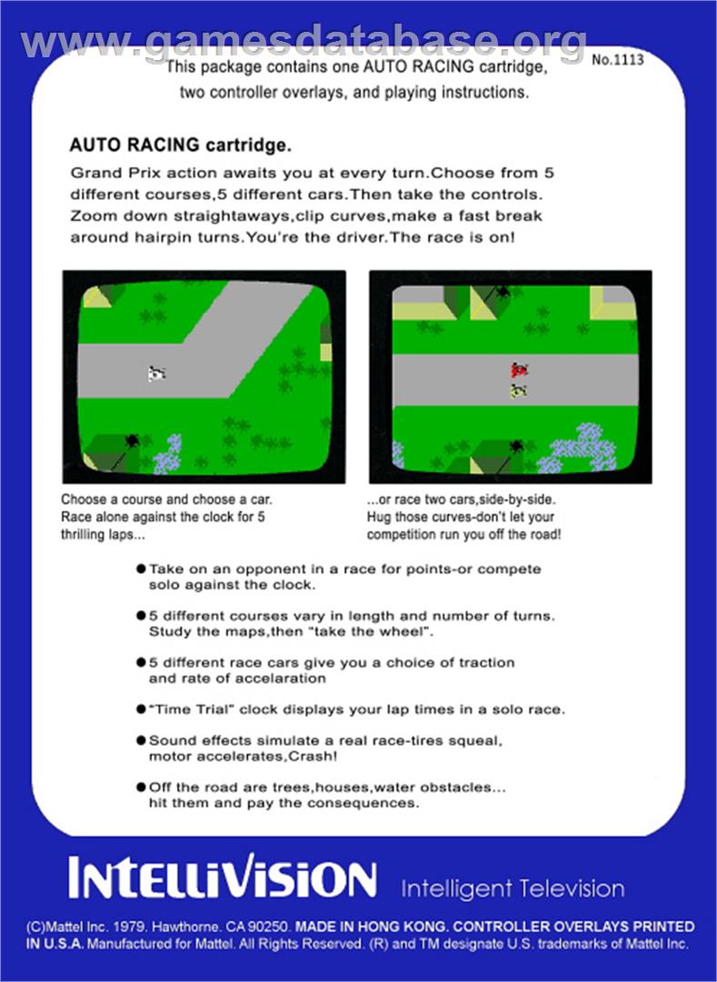 Auto Racing - Mattel Intellivision - Artwork - Box Back