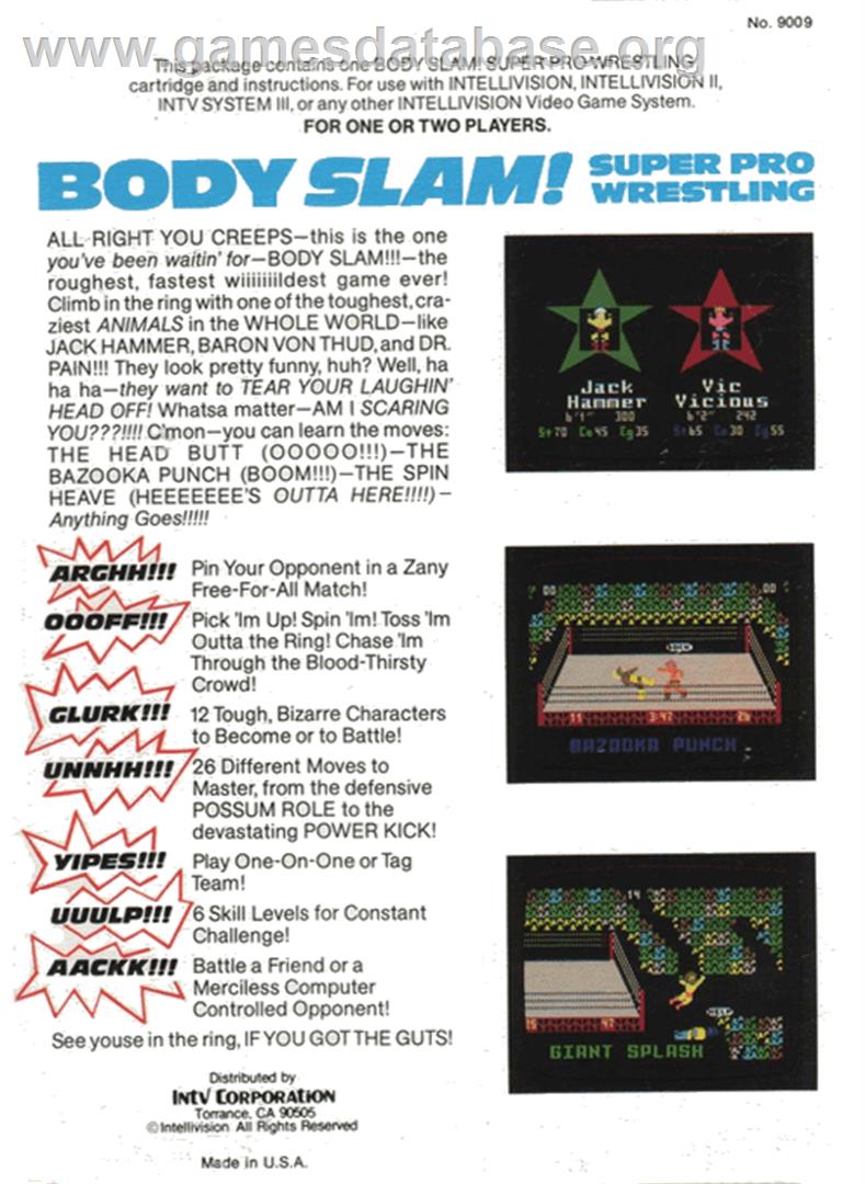 Body Slam: Super Pro Wrestling - Mattel Intellivision - Artwork - Box Back
