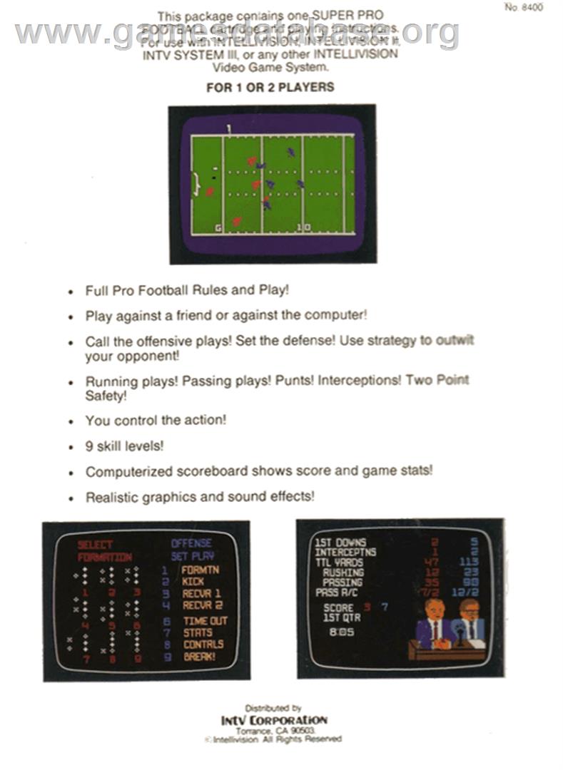 Super Pro Football - Mattel Intellivision - Artwork - Box Back