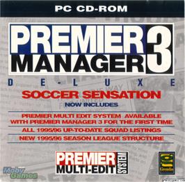 Box cover for Premier Manager 3 De-Luxe on the Microsoft DOS.