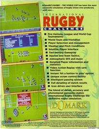 Box back cover for International Rugby Challenge on the Microsoft DOS.