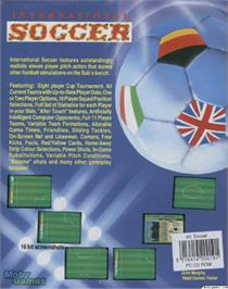 Box back cover for International Soccer on the Microsoft DOS.