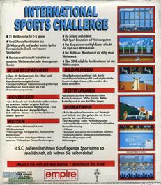 Box back cover for International Sports Challenge on the Microsoft DOS.