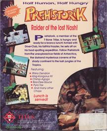 Box back cover for Prehistorik on the Microsoft DOS.
