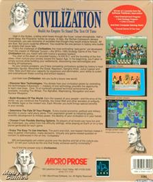 Box back cover for Sid Meier's Civilization on the Microsoft DOS.