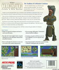 Box back cover for Sid Meier's Colonization on the Microsoft DOS.