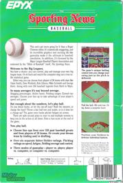 Box back cover for The Sporting News Baseball on the Microsoft DOS.
