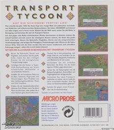 Box back cover for Transport Tycoon on the Microsoft DOS.