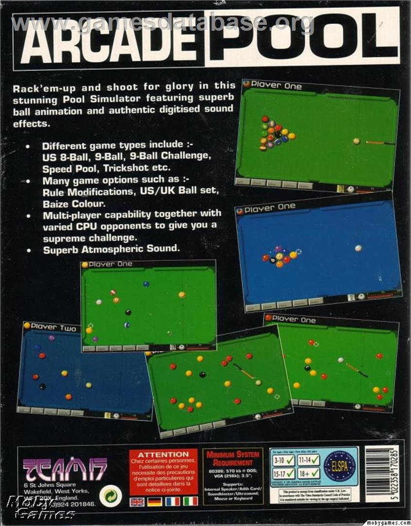 Arcade Pool - Microsoft DOS - Artwork - Box Back