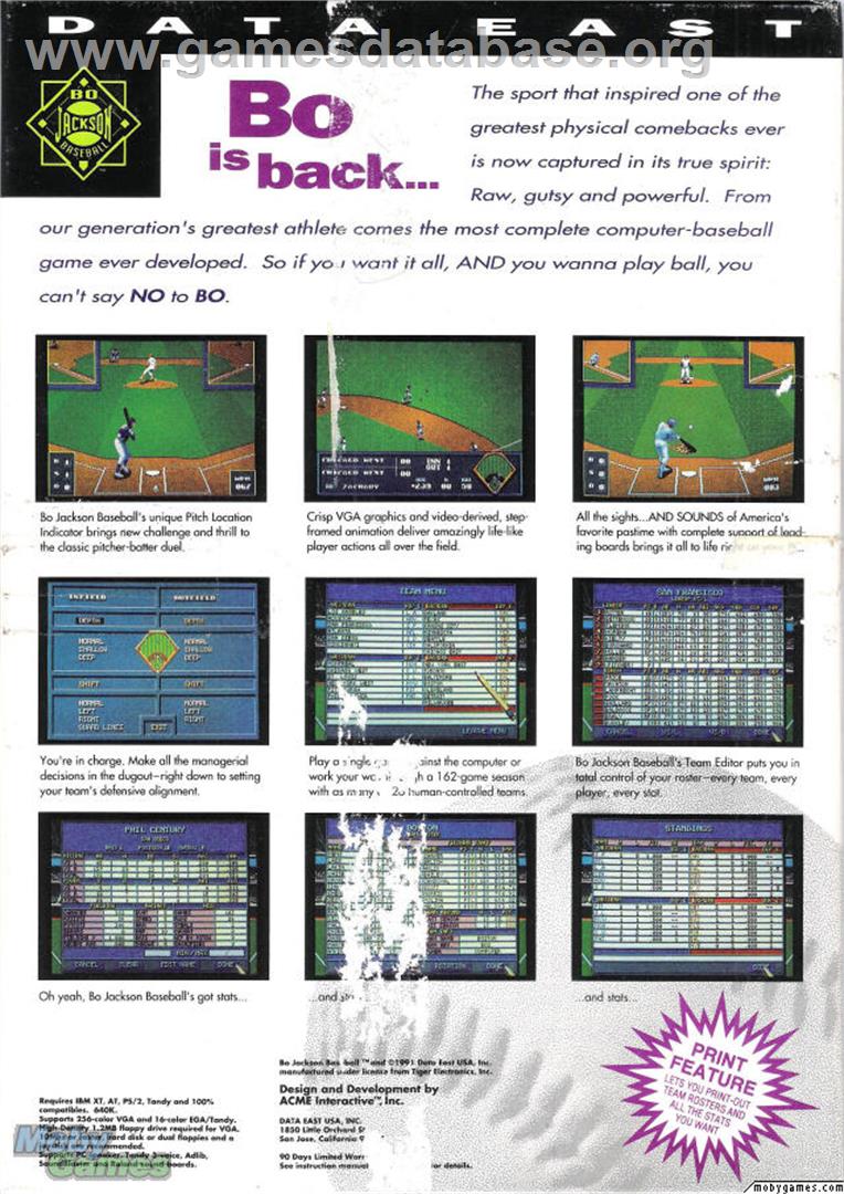 Bo Jackson Baseball - Microsoft DOS - Artwork - Box Back