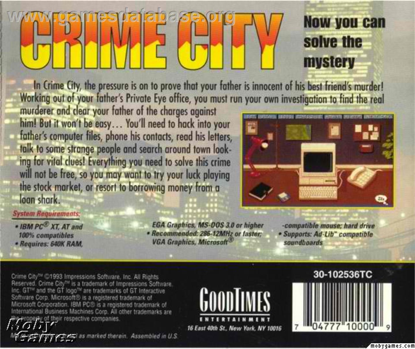 Crime City - Microsoft DOS - Artwork - Box Back