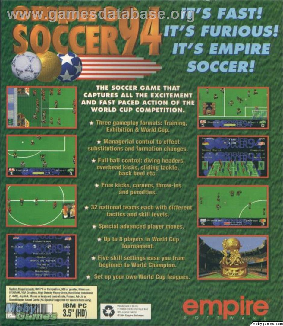 Empire Soccer 94 - Microsoft DOS - Artwork - Box Back