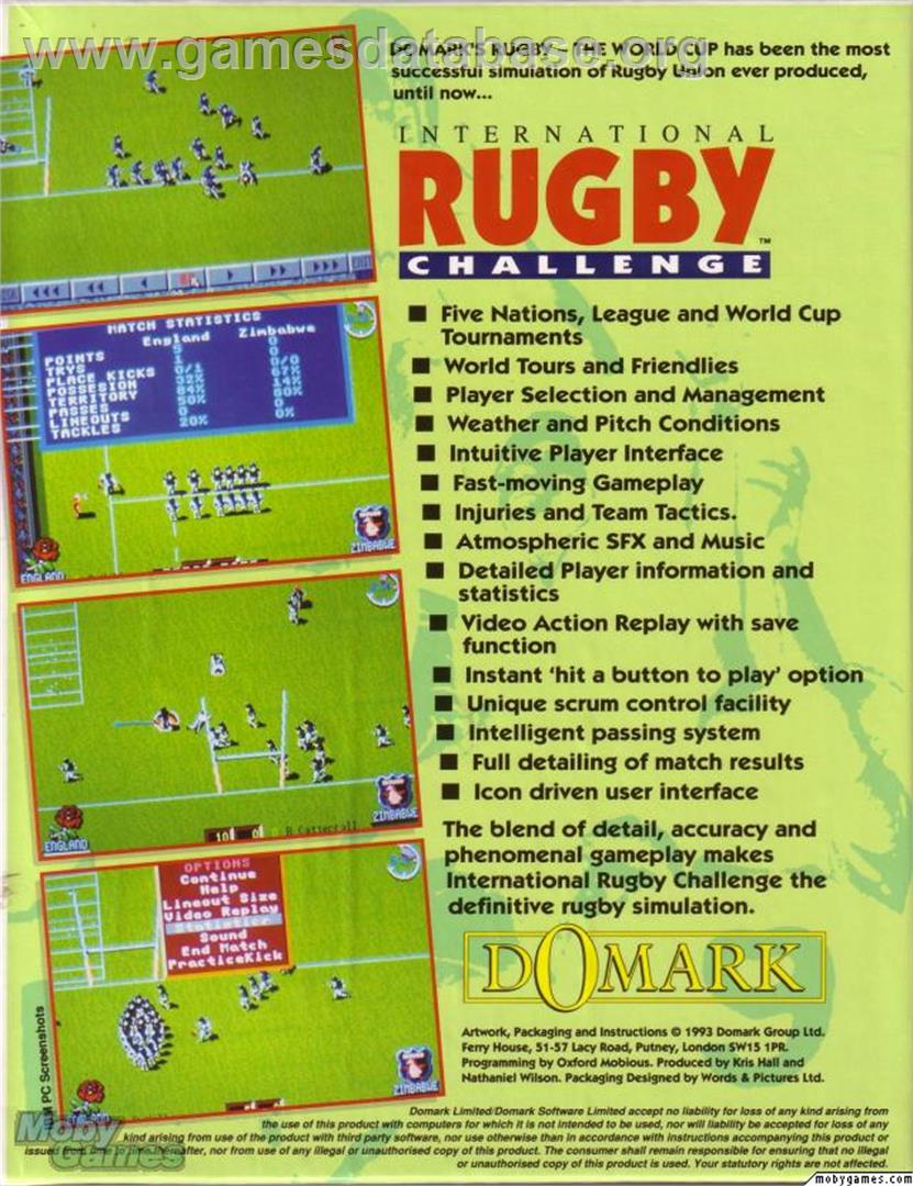 International Rugby Challenge - Microsoft DOS - Artwork - Box Back
