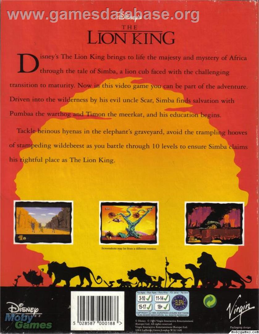 Lion King, The - Microsoft DOS - Artwork - Box Back