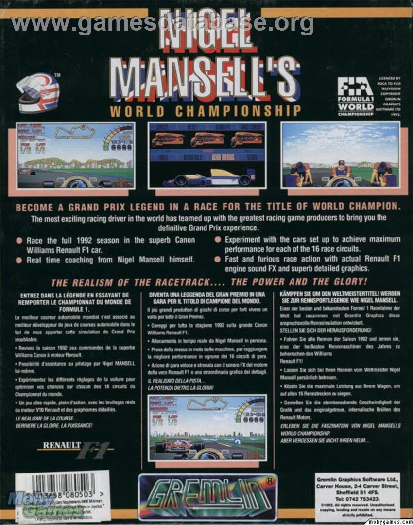Nigel Mansell's World Championship - Microsoft DOS - Artwork - Box Back