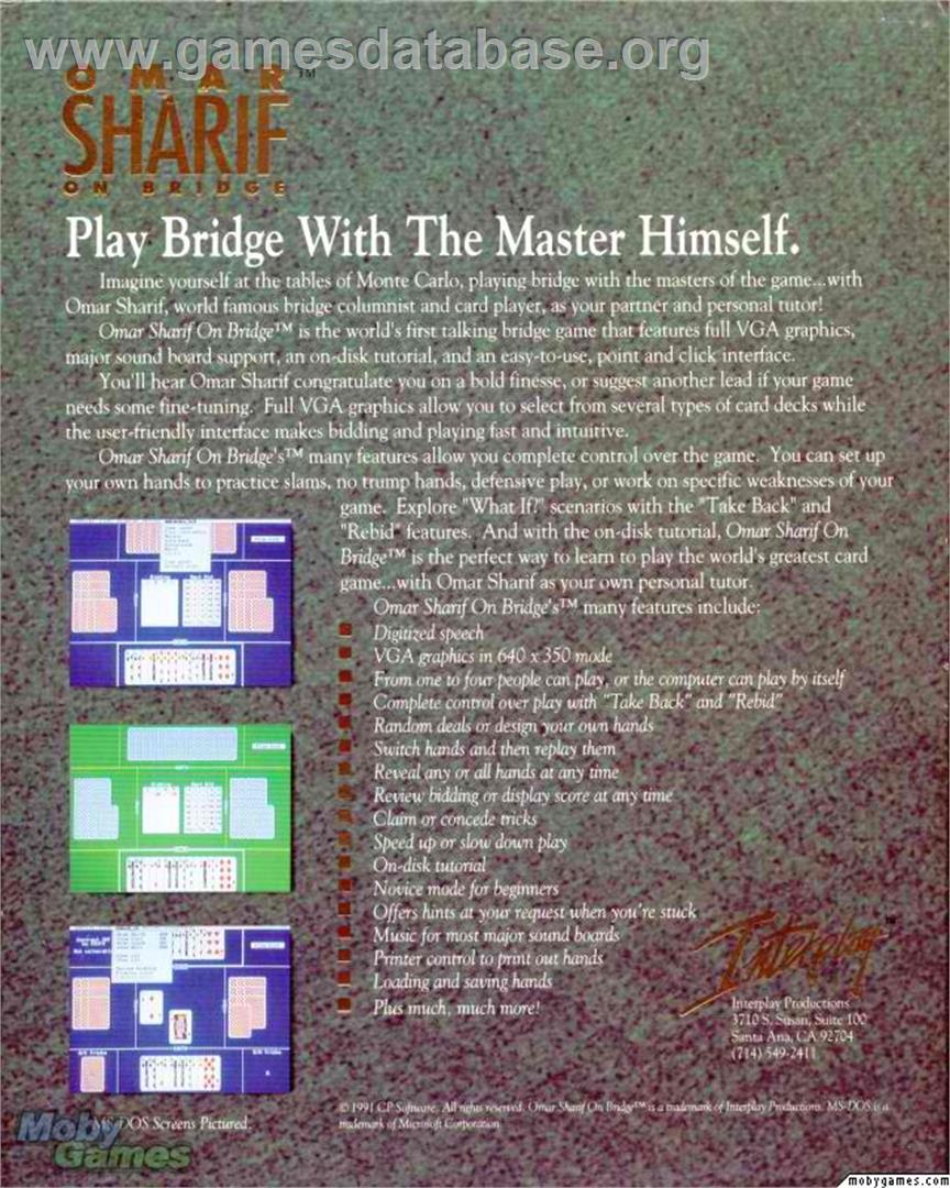 Omar Sharif on Bridge - Microsoft DOS - Artwork - Box Back