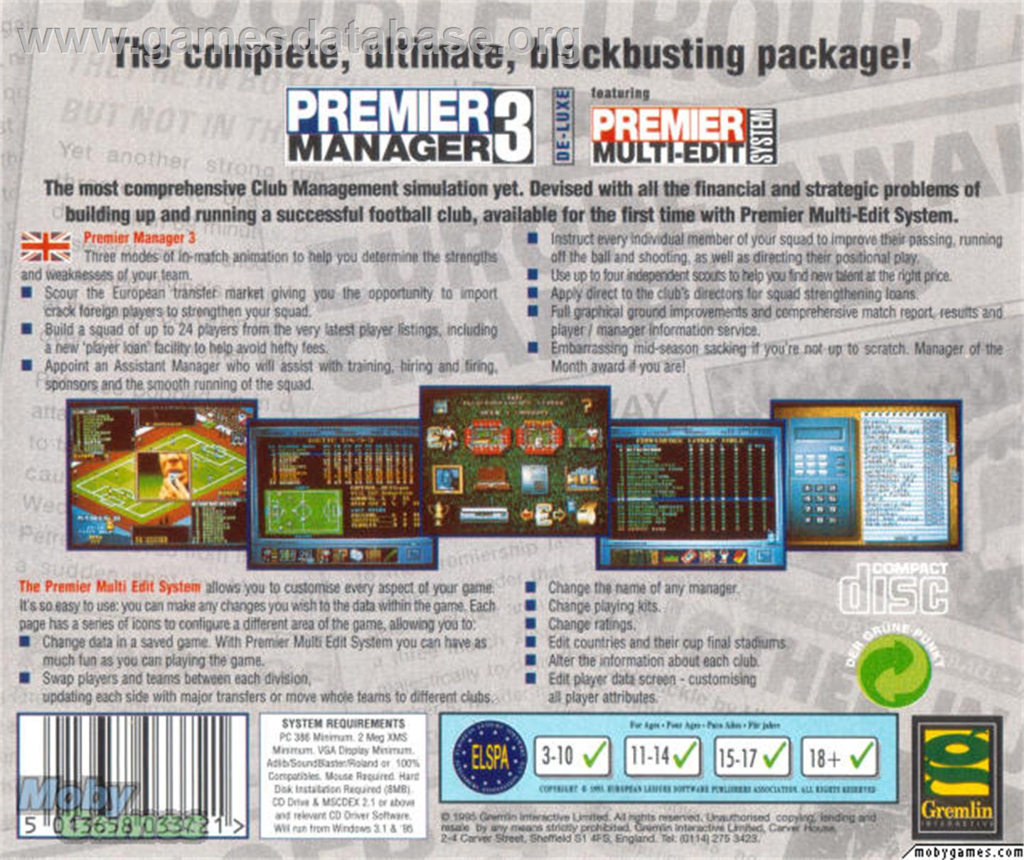 Premier Manager 3 De-Luxe - Microsoft DOS - Artwork - Box Back