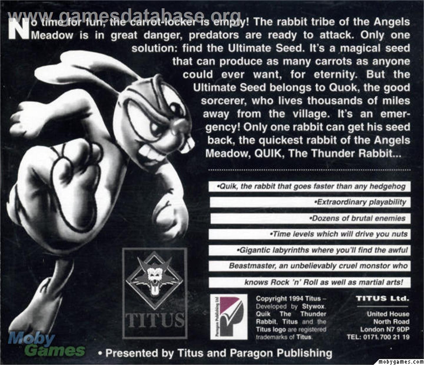 Quik the Thunder Rabbit - Microsoft DOS - Artwork - Box Back