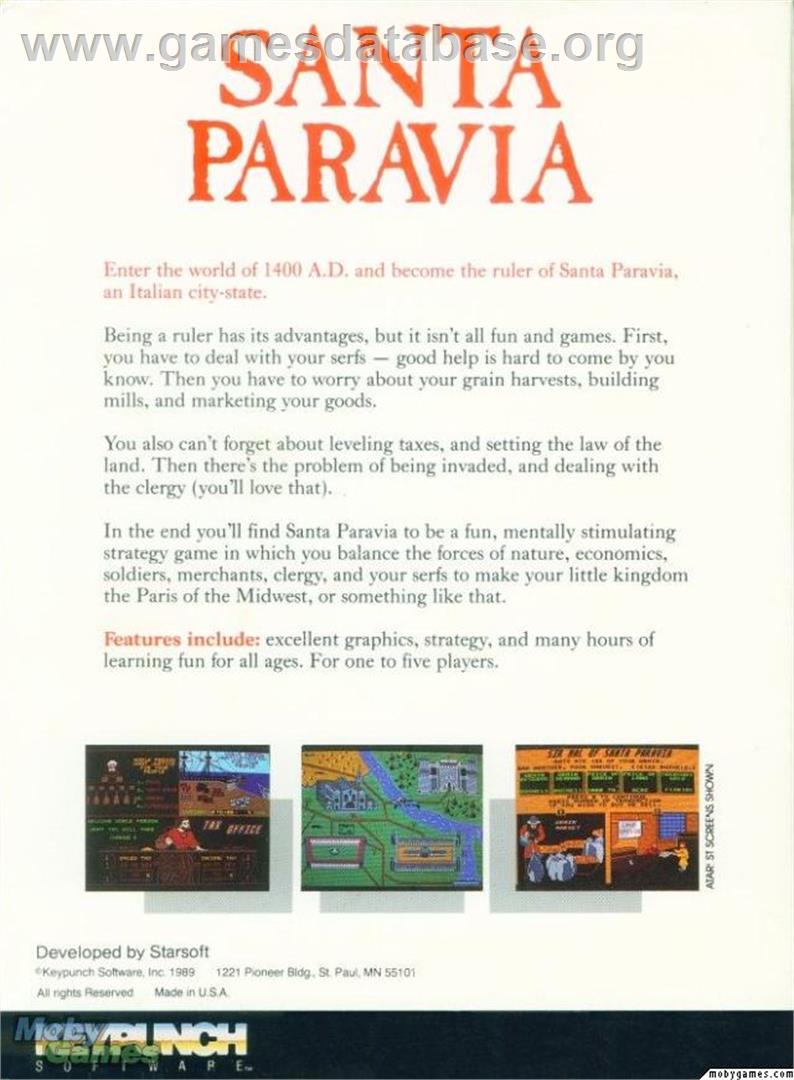 Santa Paravia and Fiumaccio - Microsoft DOS - Artwork - Box Back