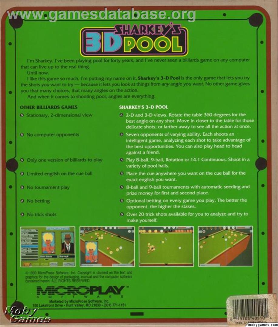 Sharkey's 3D Pool - Microsoft DOS - Artwork - Box Back