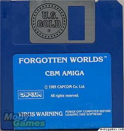 Artwork on the Disc for Forgotten Worlds on the Microsoft DOS.