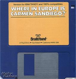 Artwork on the Disc for Where in Europe is Carmen Sandiego on the Microsoft DOS.