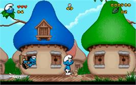 In game image of The Smurfs on the Microsoft DOS.
