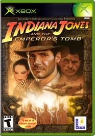 Box cover for Indiana Jones and the Emperor's Tomb on the Microsoft Xbox.