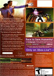 Box back cover for Advent Rising on the Microsoft Xbox.