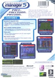 Box back cover for Championship Manager 5 on the Microsoft Xbox.