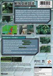 Box back cover for Metal Gear Solid 2: Substance on the Microsoft Xbox.