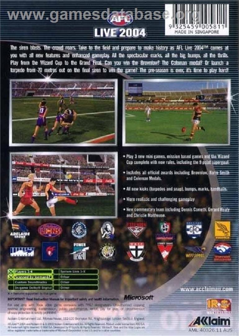 AFL Live 2004 - Microsoft Xbox - Artwork - Box Back