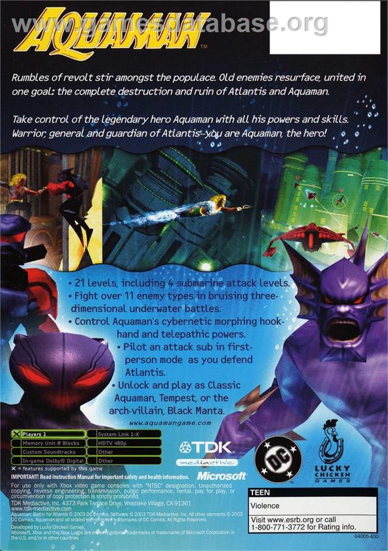 Aquaman: Battle for Atlantis - Microsoft Xbox - Artwork - Box Back